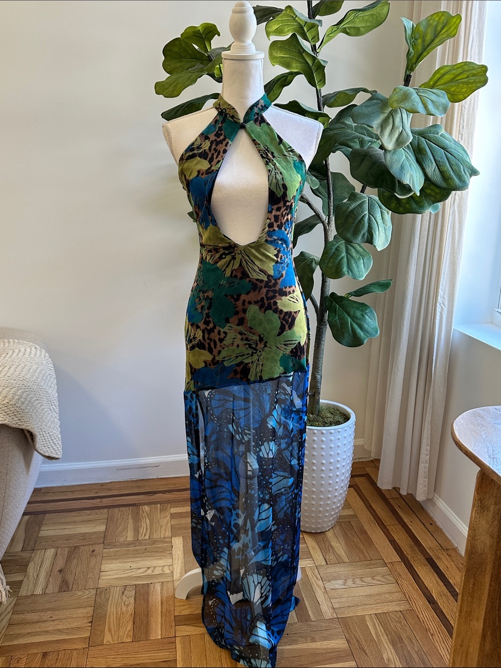 Beach Green and Blue Halter Maxi Dress with Sheer Skirt